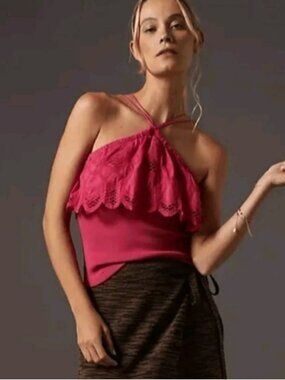 💠Anthropologie Ruffled Halter Top Womens XS Pink Embroidered Crochet Blouse